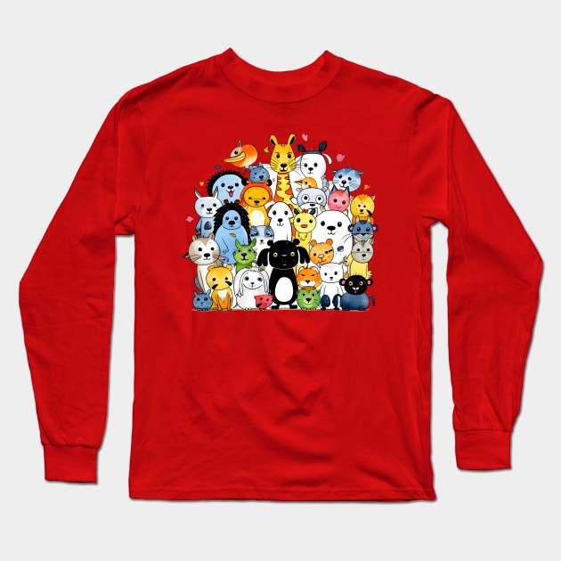 Joyous Congregation of Colorful Cartoon Animals Long Sleeve T-Shirt by AIHRGDesign